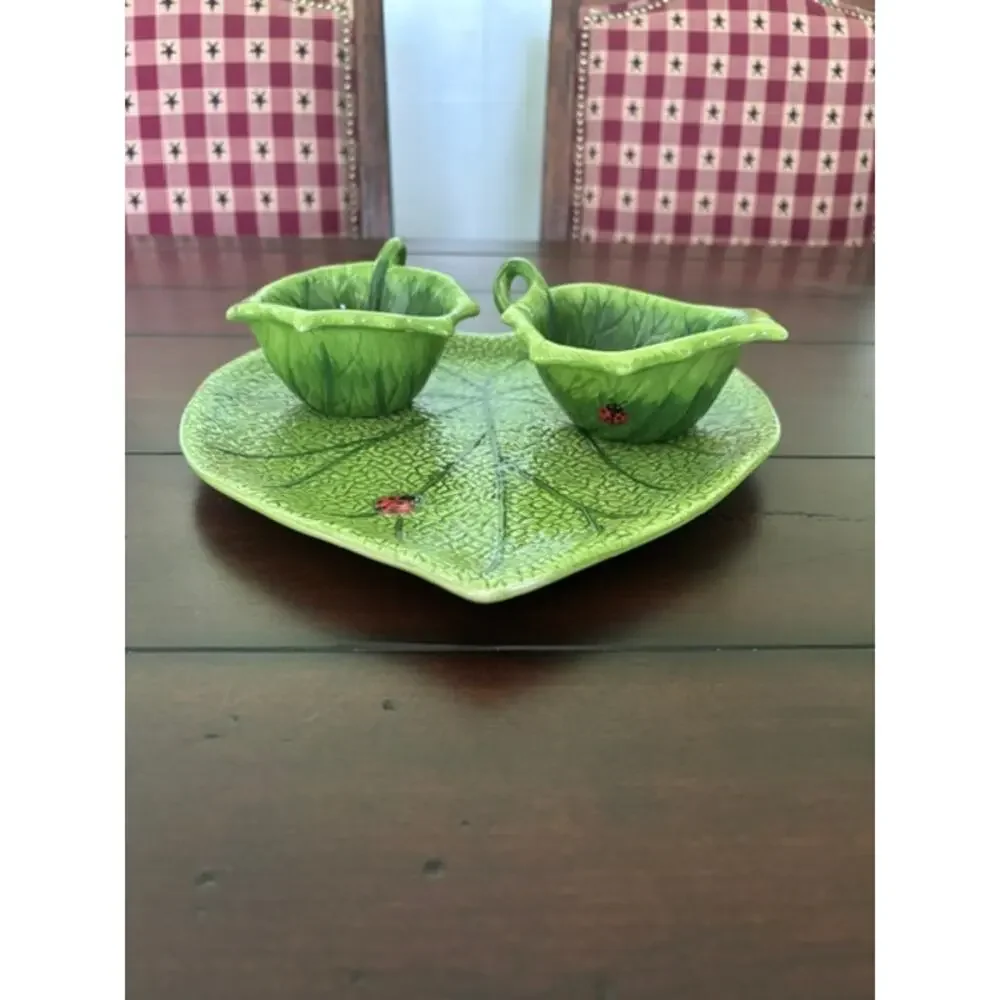 Pier 1 Ladybug Leaf Serving Tray Bowl Set Hand Painted Earthenware 3 Pc